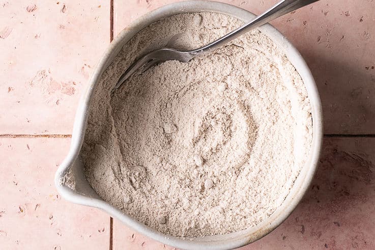 dry ingredients for muffins in a mixing bowl