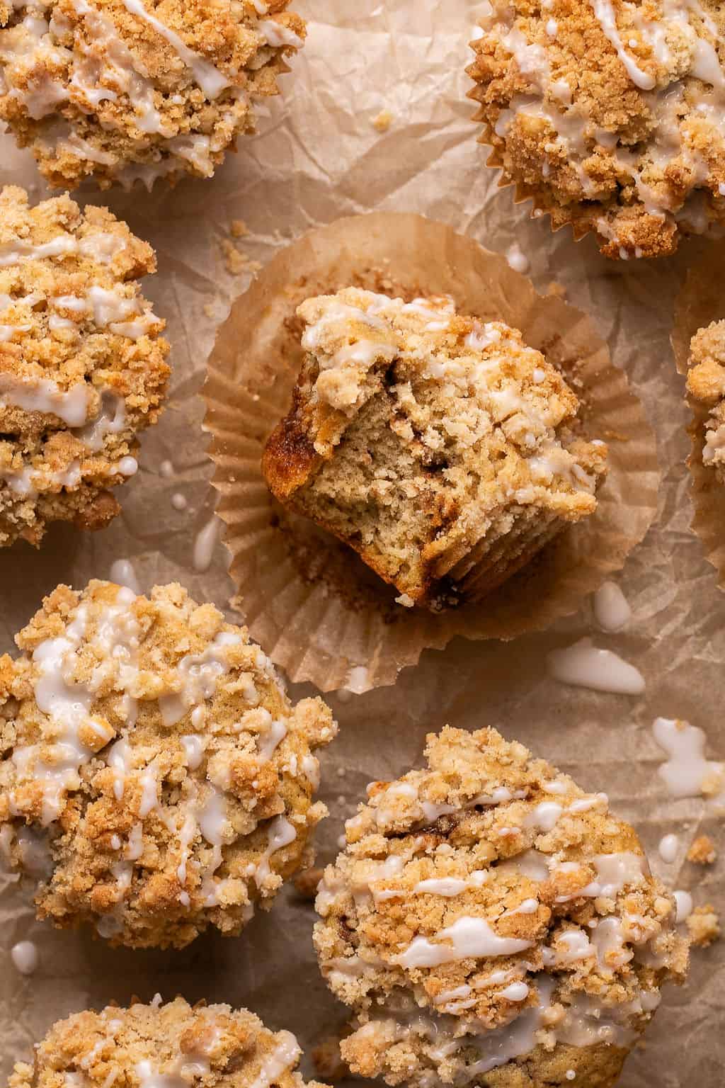 coffee cake muffins cooling on parchment paper