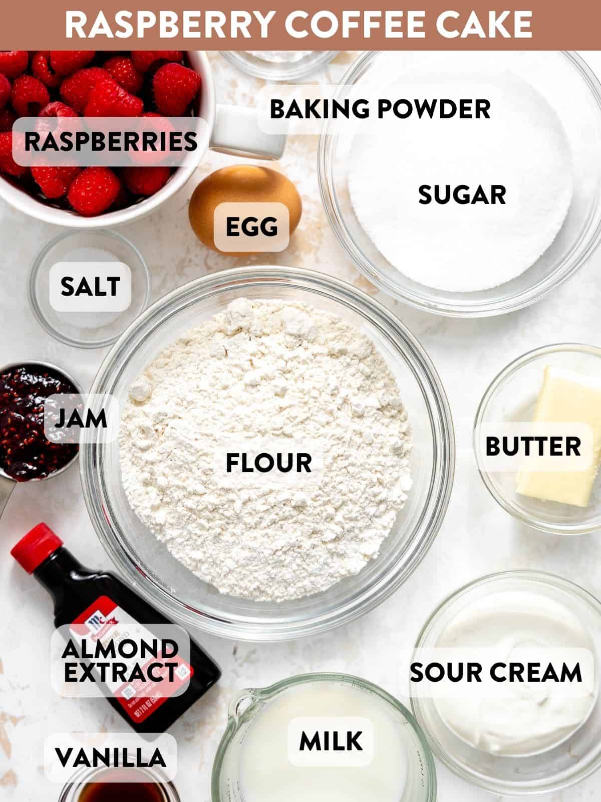 raspberry coffee cake ingredients on a counter