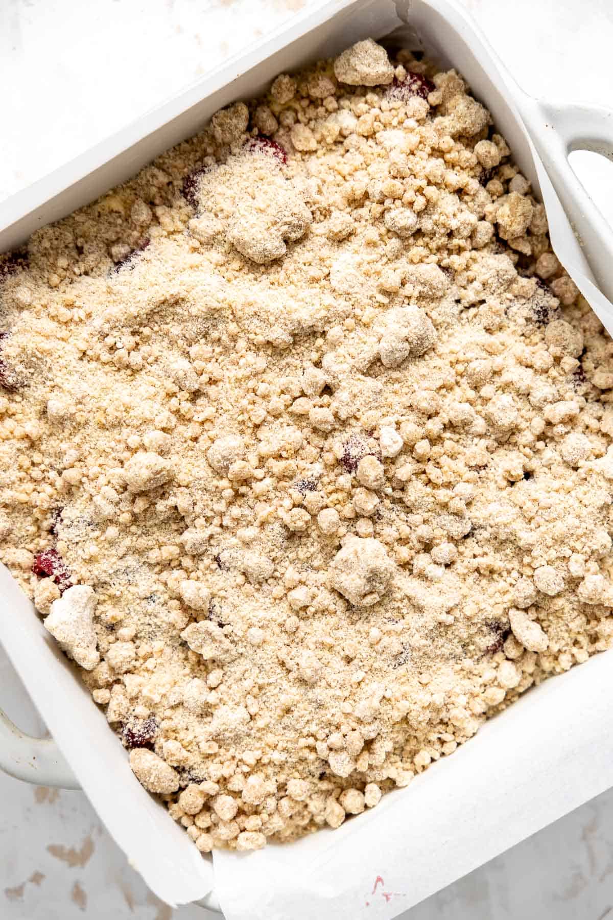 raspberry coffee cake batter with crumb topping in a cake pan