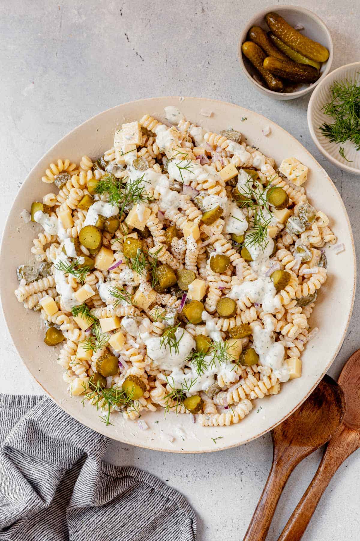 dill pickle pasta salad in a serving bowl