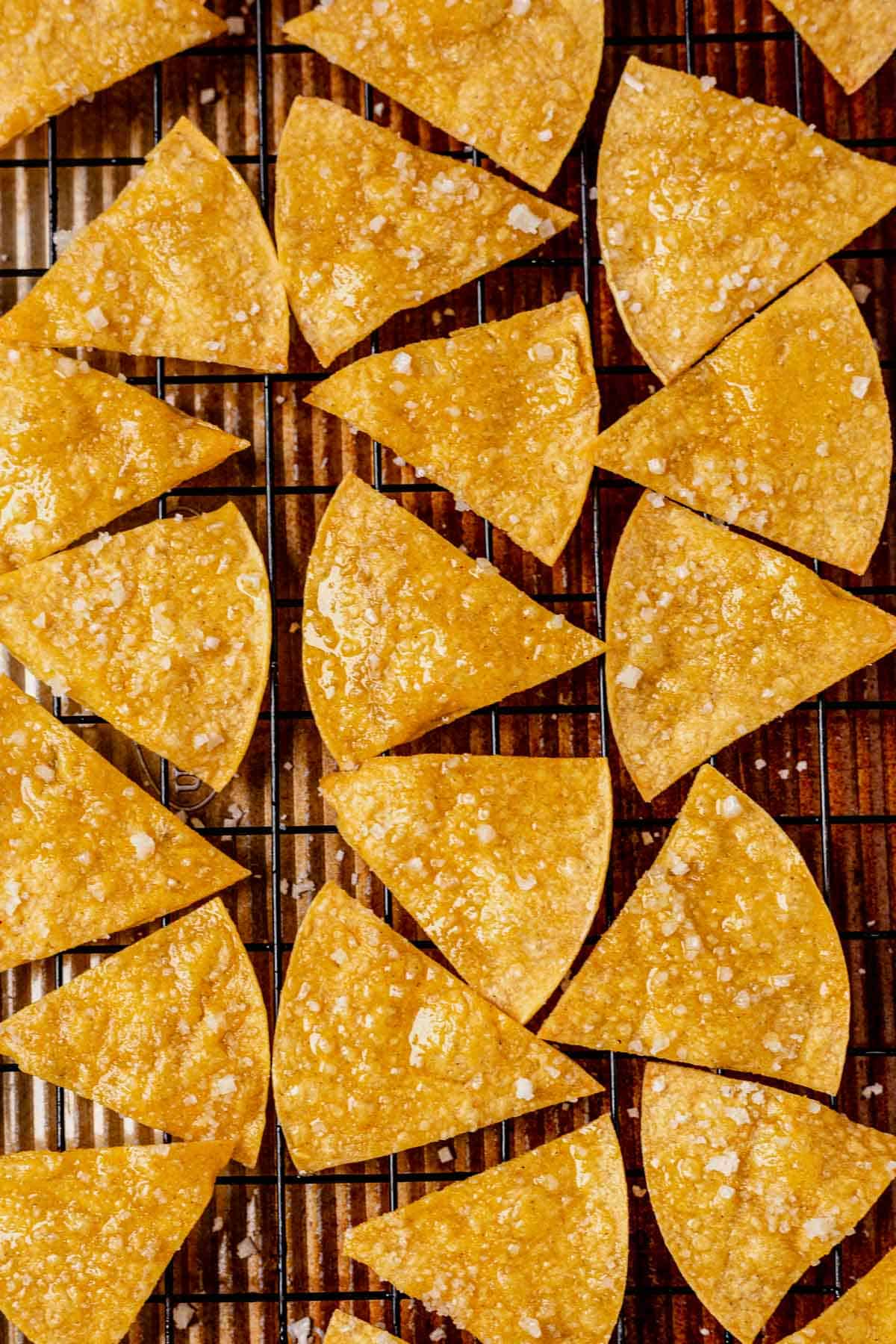 crispy baked tortilla chips on a baking sheet