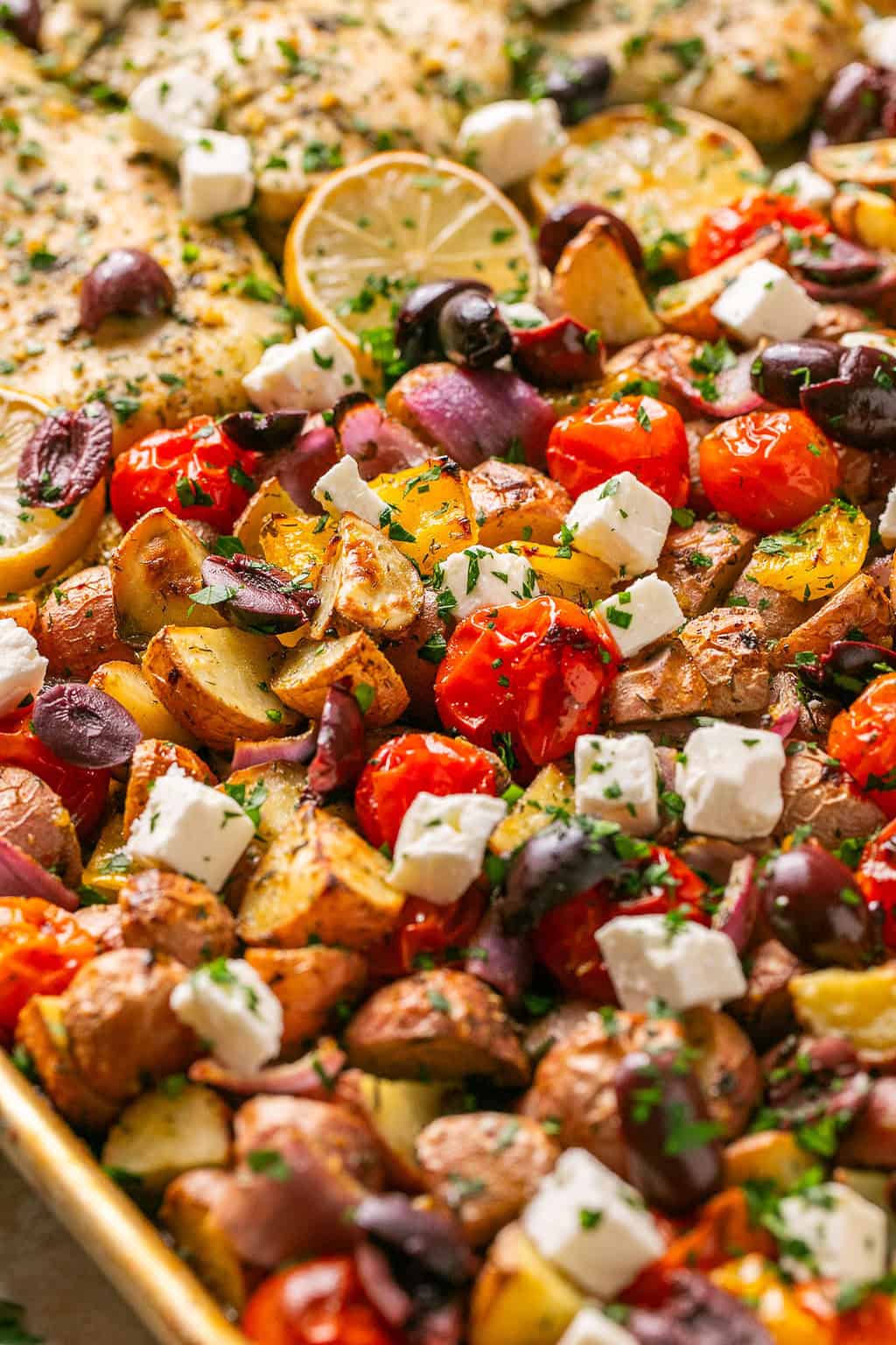 Roasted greek vegetables on a sheet pan with chicken