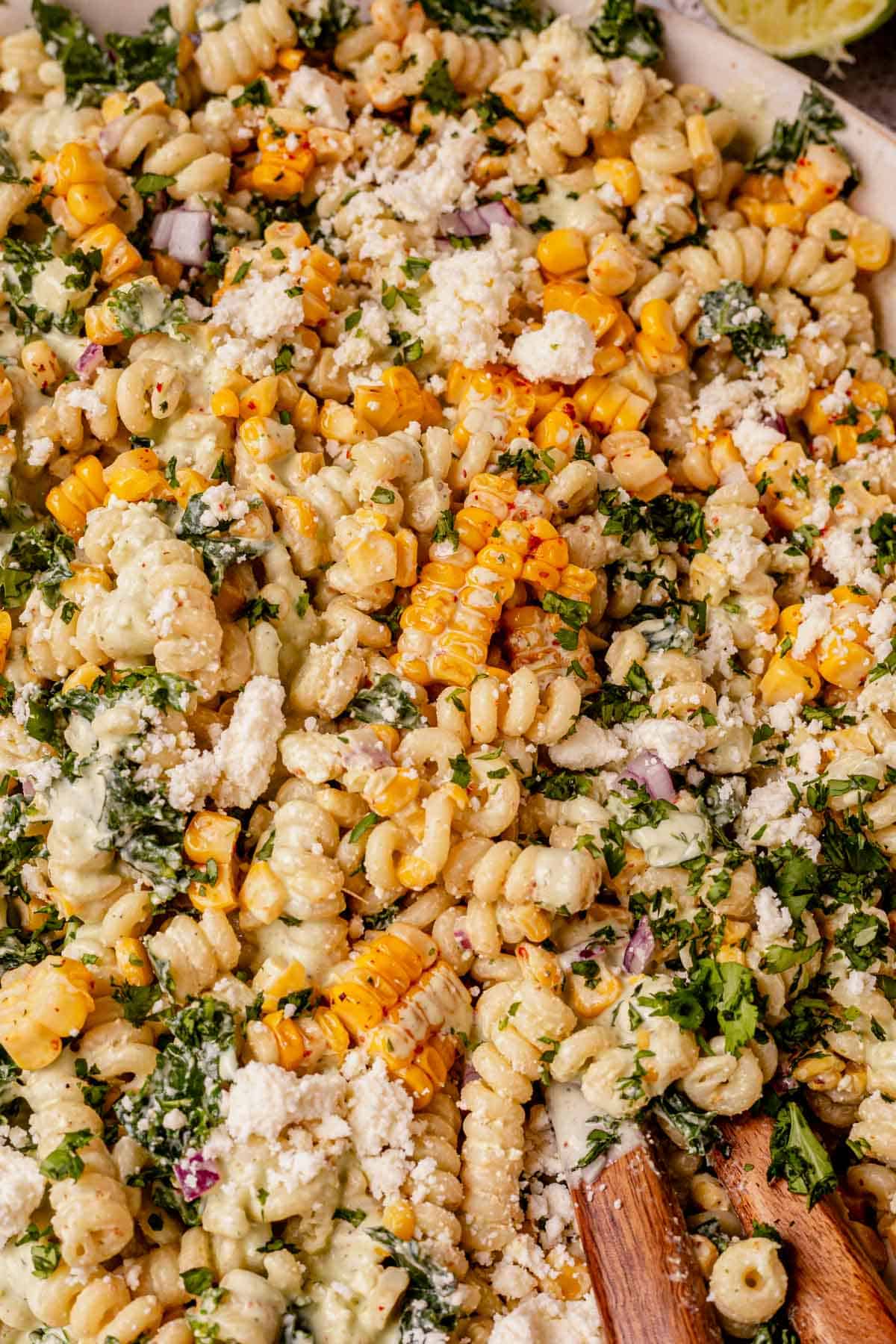 Mexican street corn pasta salad recipe toss with creamy dressing and cilantro