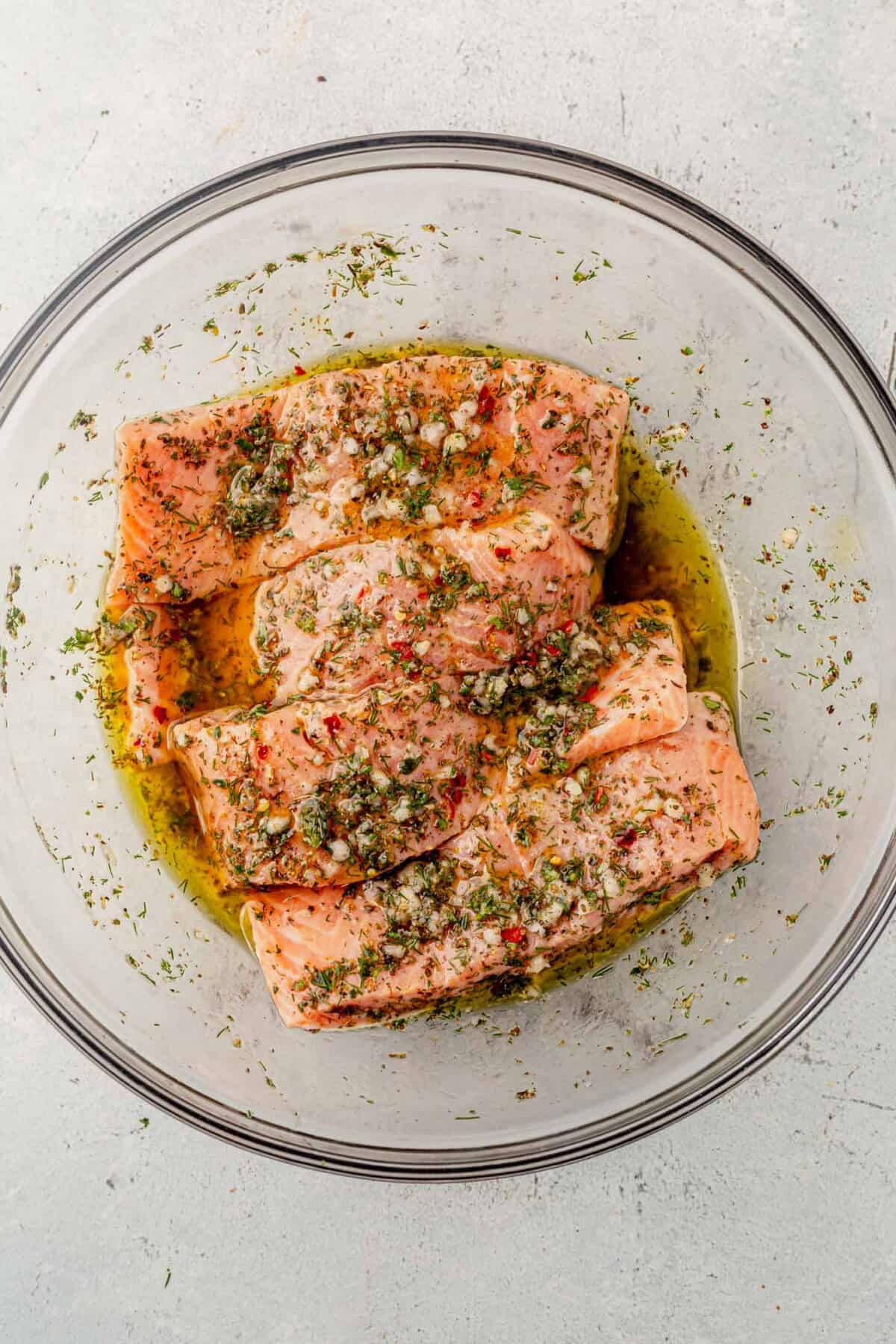 salmon fillets in a greek marinade