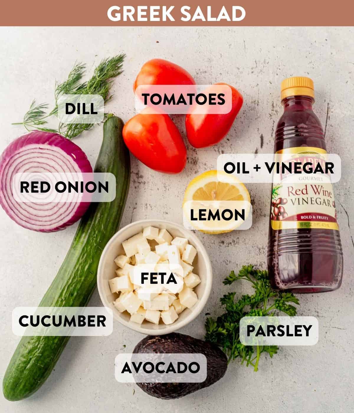 greek salad ingredients on a counter