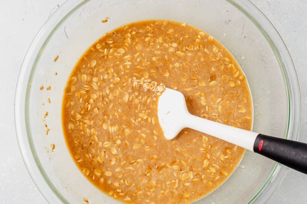 oatmeal chocolate chip muffin wet ingredients in a bowl