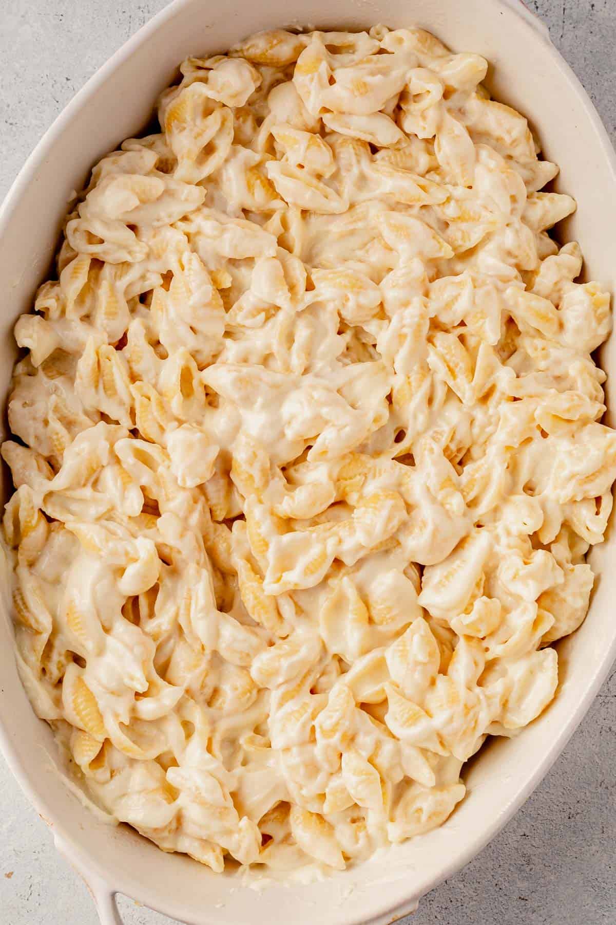 white cheddar mac and cheese in a casserole dish