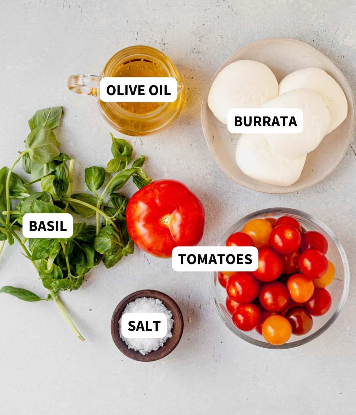 burrata caprese ingredients on a countertop