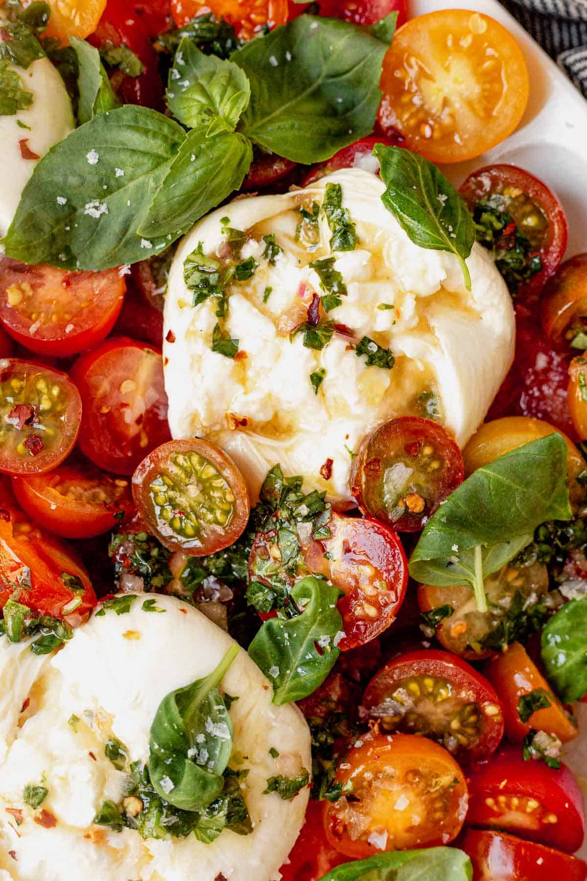 basil vinaigrette on top of burrata and tomatoes