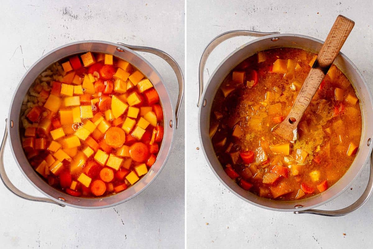 butternut squash, onion, carroot, and broth in a pot