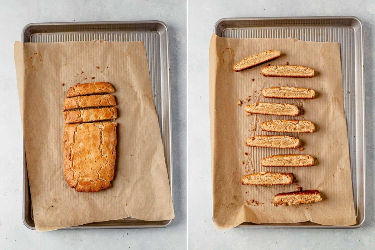 gluten free biscotti loaf with the first few pieces sliced and then slices of gluten free biscotti laying on a cookie sheet lined with parchment paper