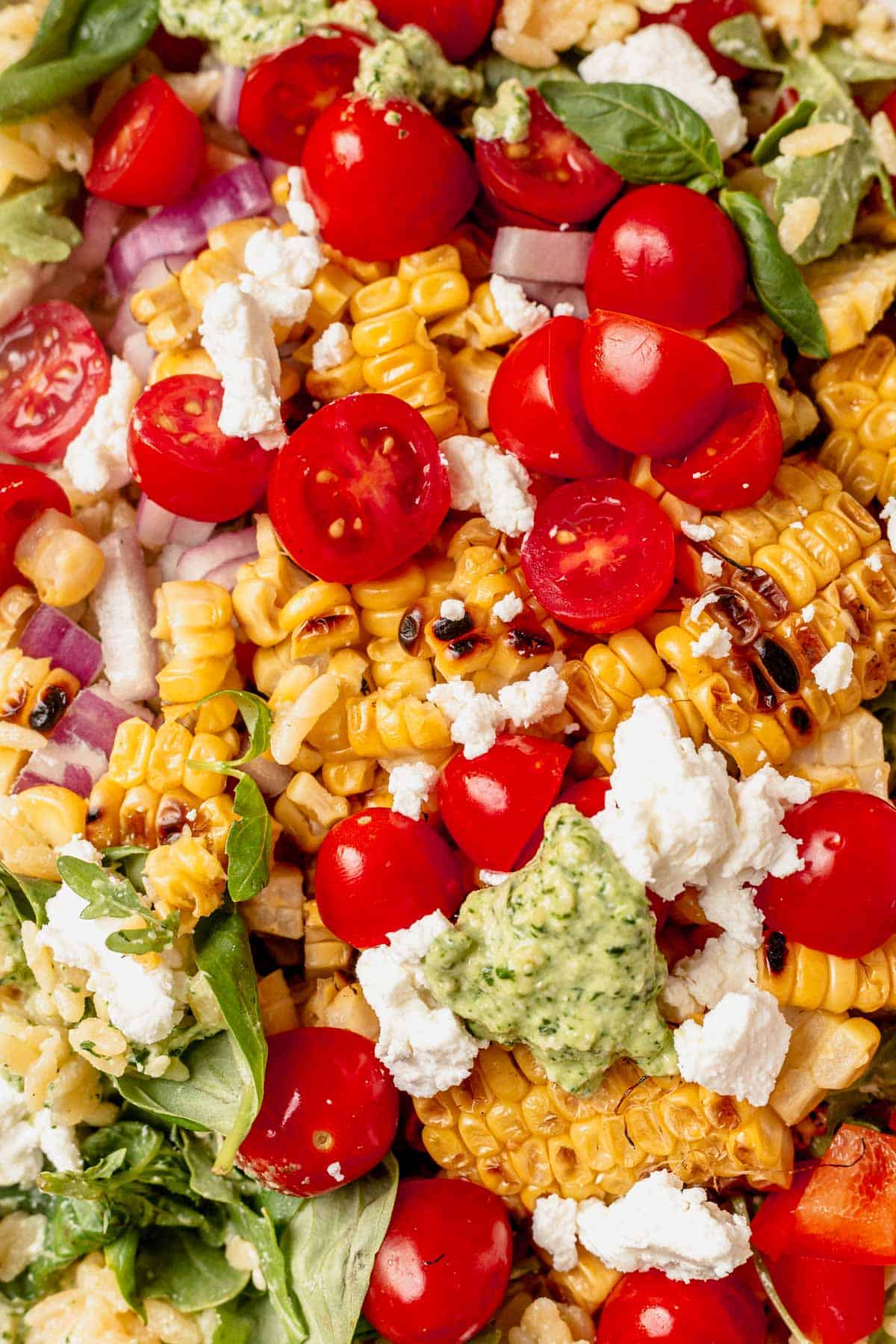 grilled corn, orzo, tomatoes and basil pesto