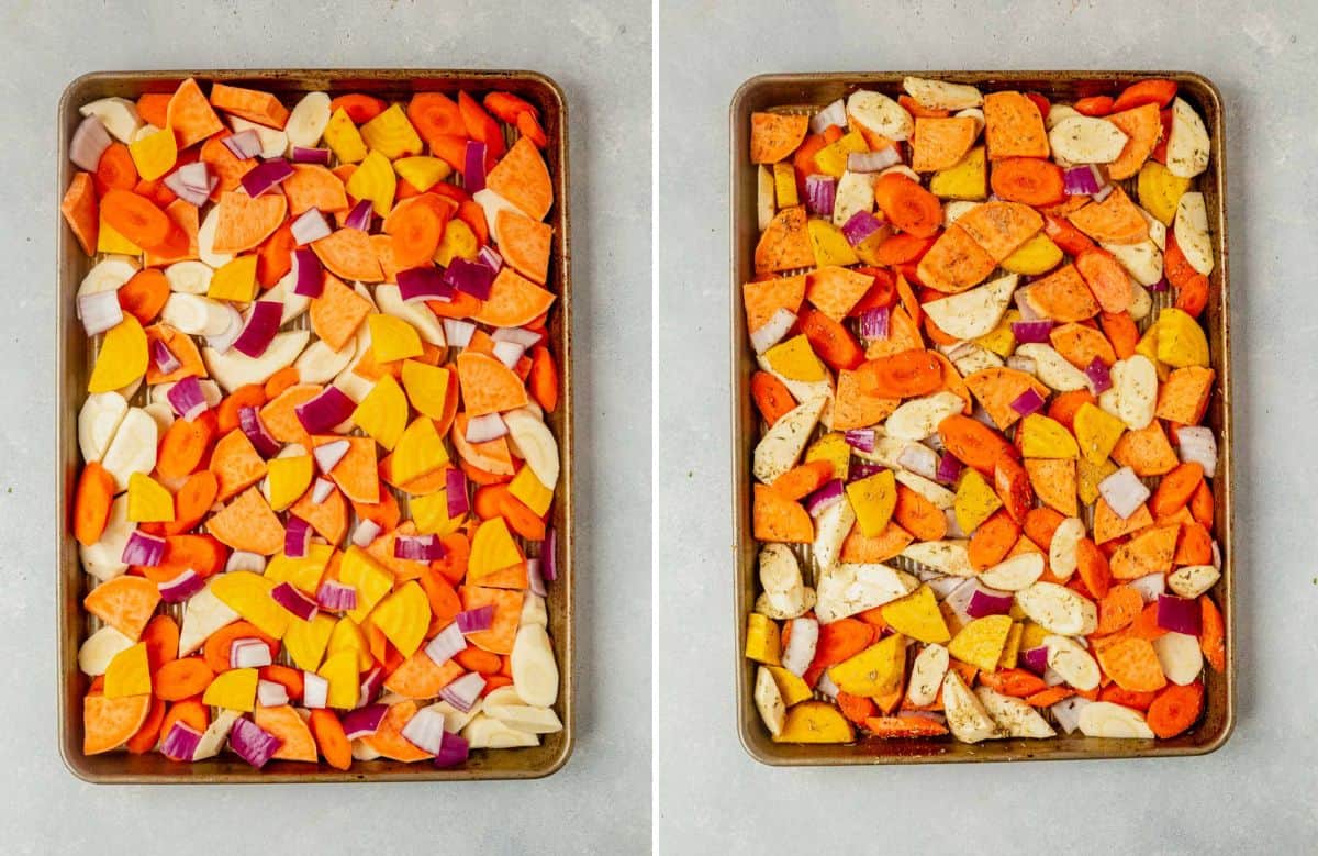 chopped root vegetables seasoning on a baking pan