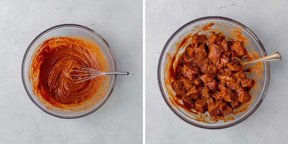 beef satay marinade in a bowl with cubed steak