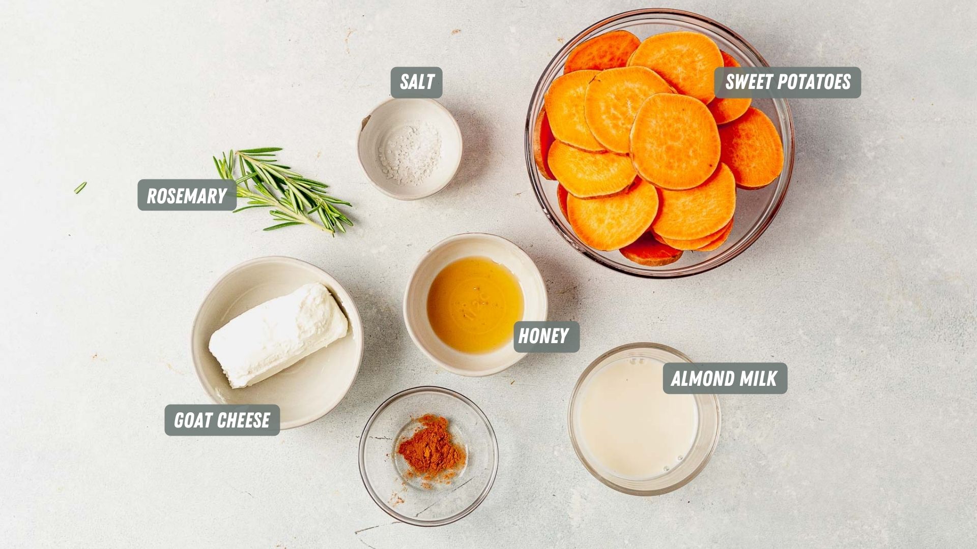 sweet potato bites ingredients measured out on a white table