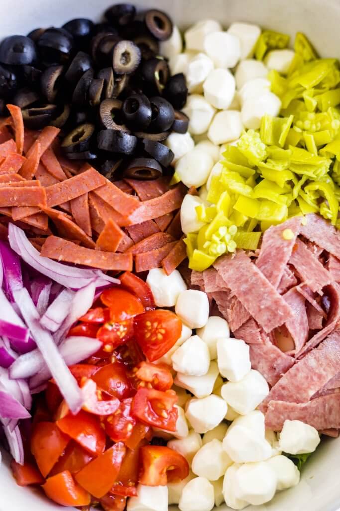 antipasto salad ingredients in a bowl