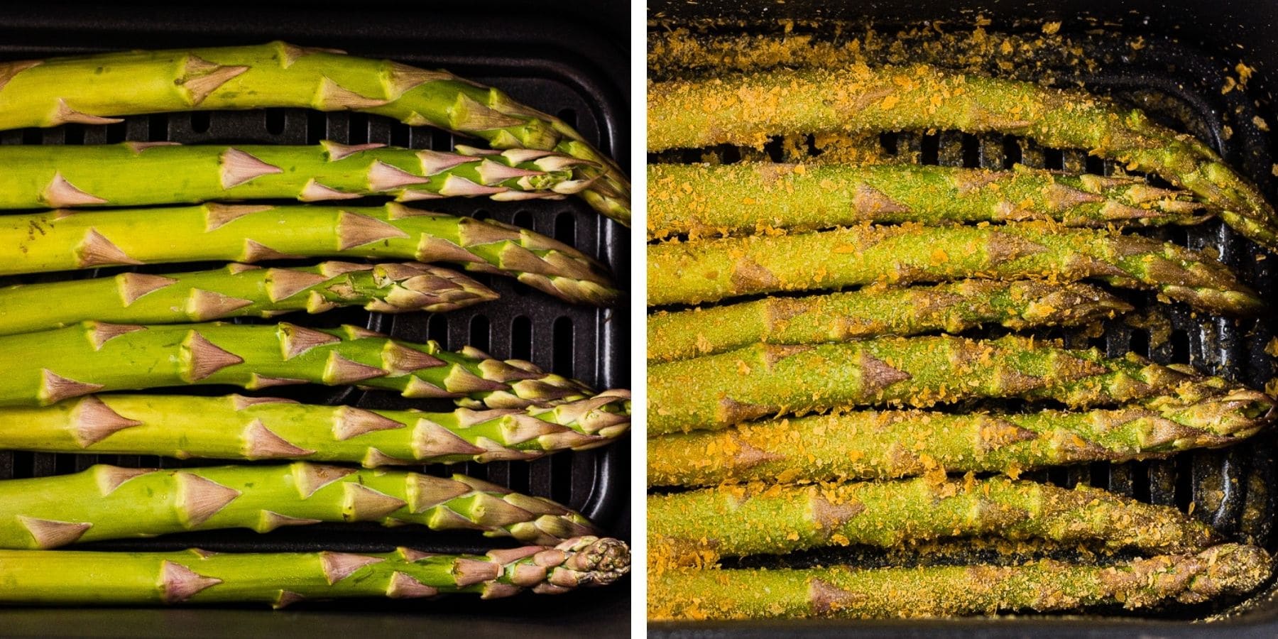 before and after images of air fryer asparagus before its cooked and after