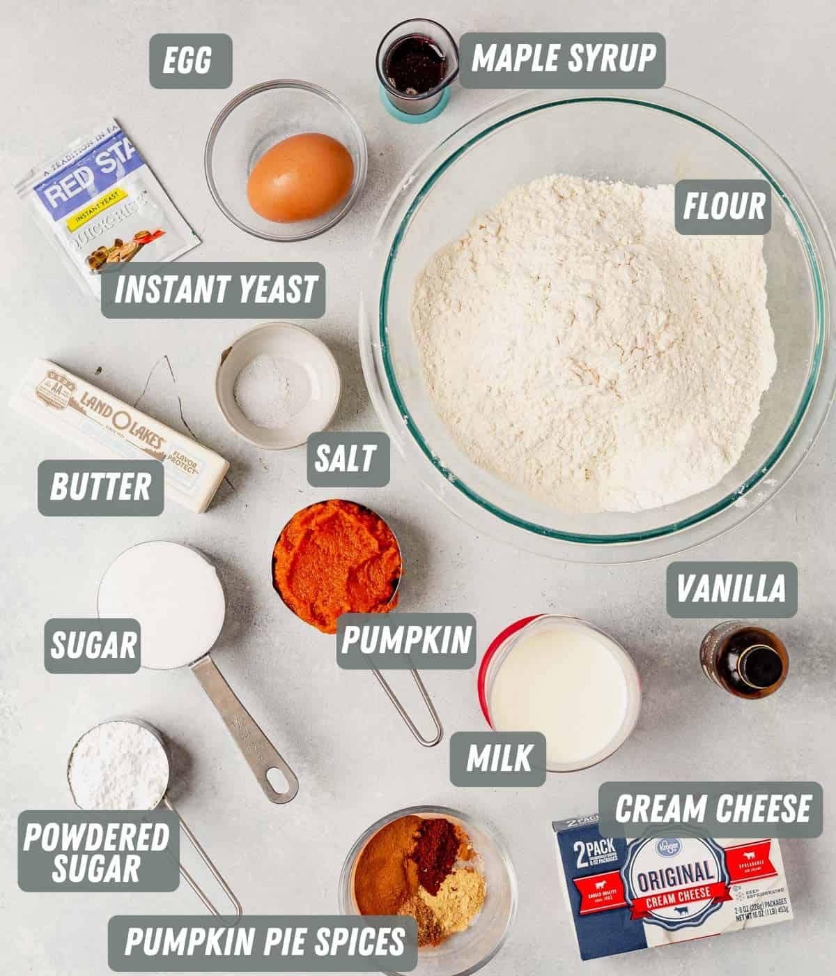 flour, pumpkin, sugar, pumpkin pie spice, yeasat, vanilla and cream cheese for cinnamon rolls