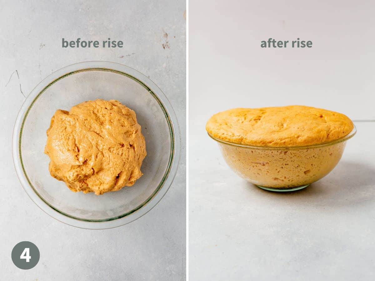 pumpkin cinnamon roll dough rising in a bowl