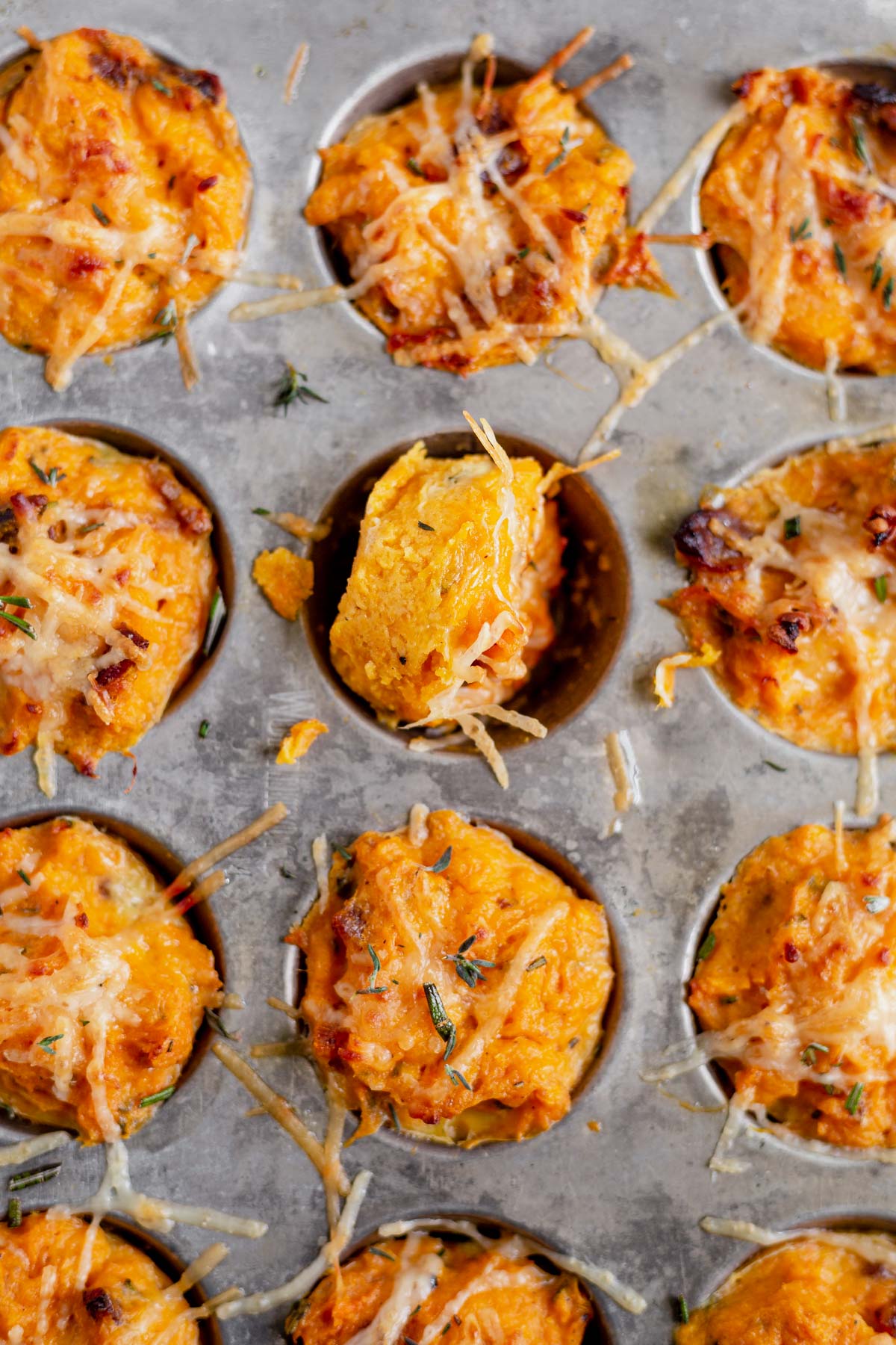 baked sweet potato puffs in a mini muffin tin