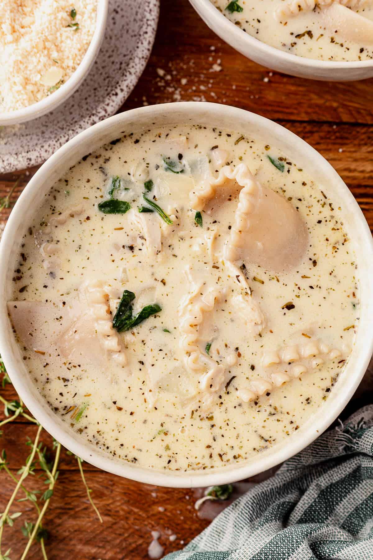 a bowl of creamy white lasagna soup