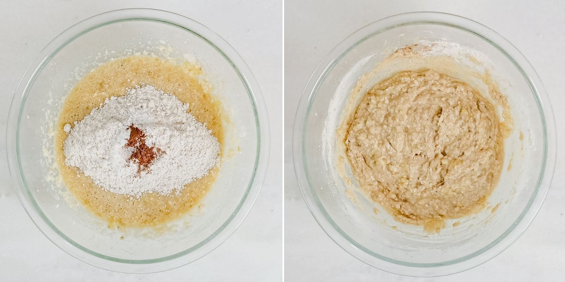 collage of two steps showing how to make banana muffin batter