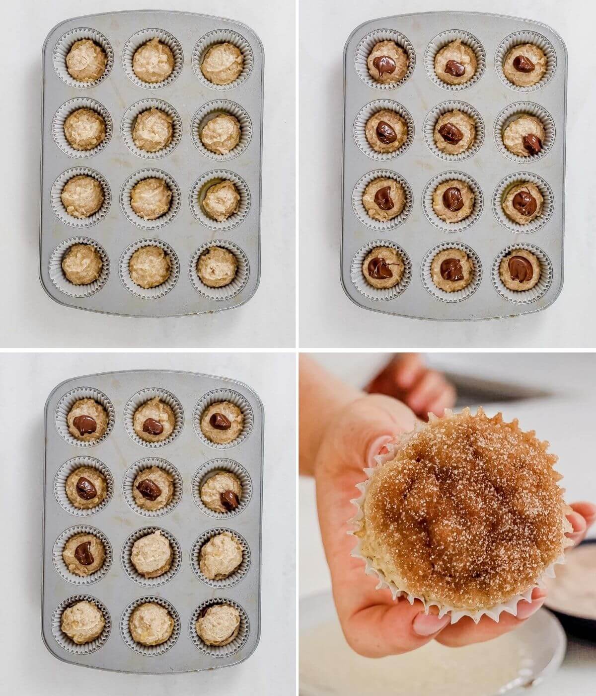 step by step pictures showing how to stuff nutella in banana muffins