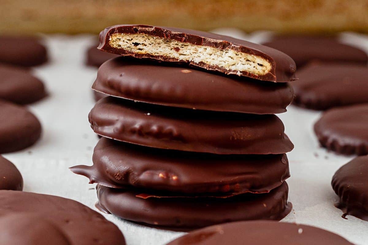 frozen ritz thin mints stacked on parchment paper