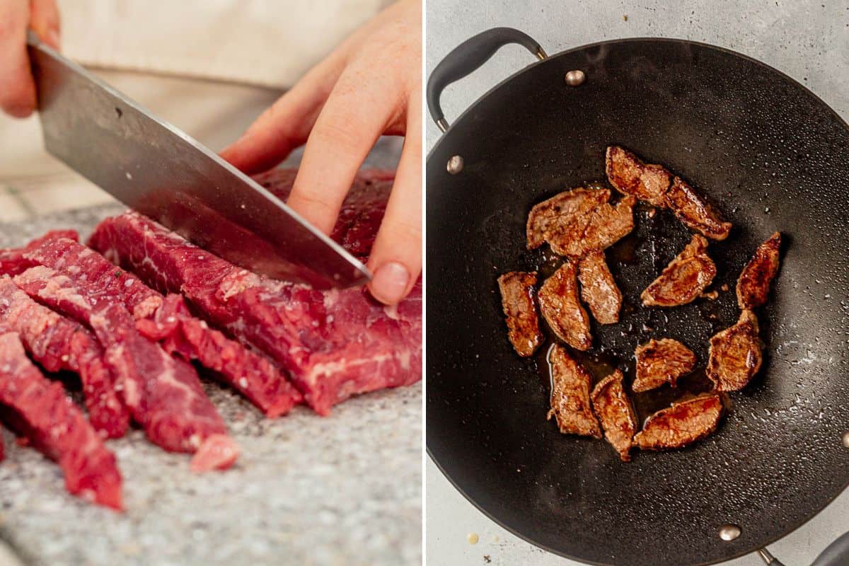 two images of slicing flank steak against the grain and then seared flank steak strips in a wok