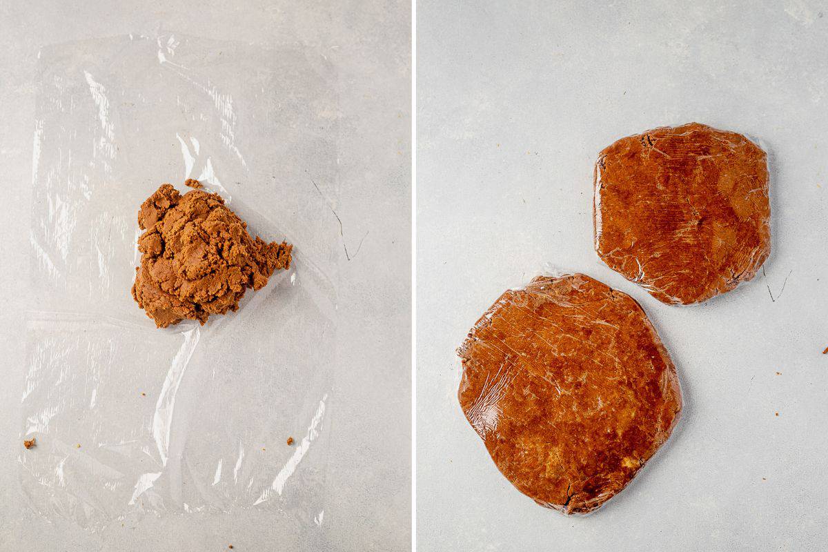 two images of gingerbread cookie dough on plastic wrap and then two dough discs wrapped in plastic wrapped