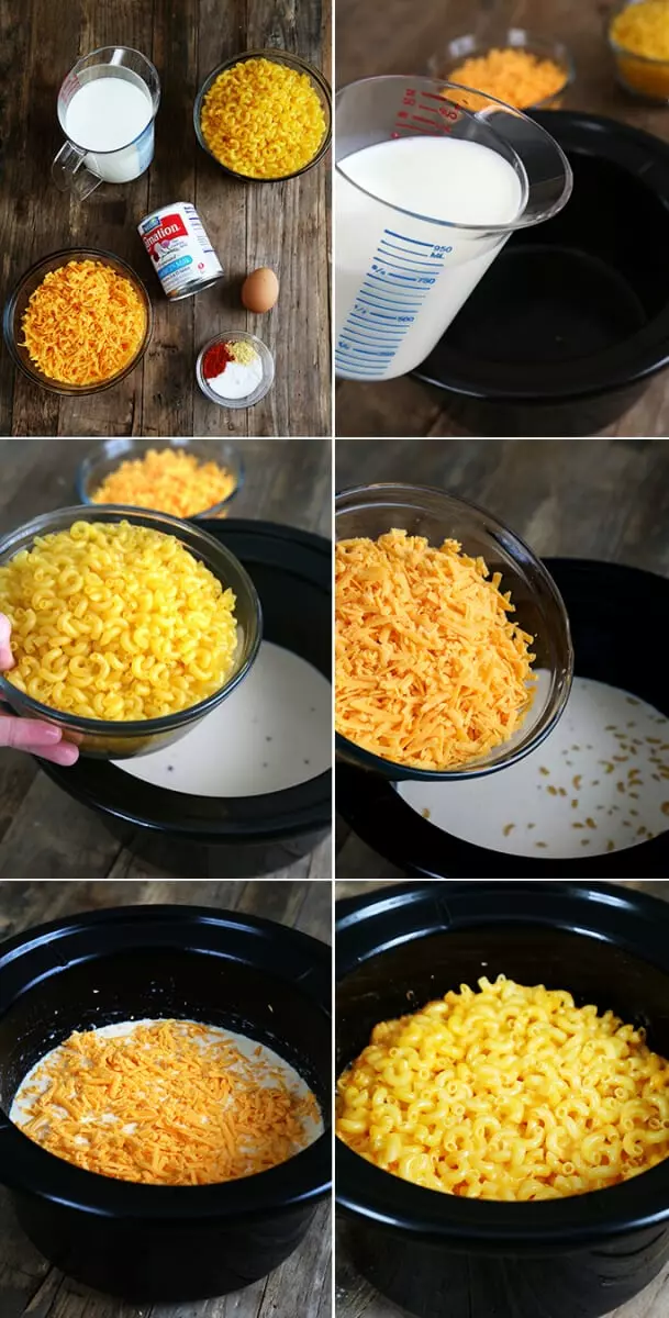 Macaroni and cheese being made in black crock pot