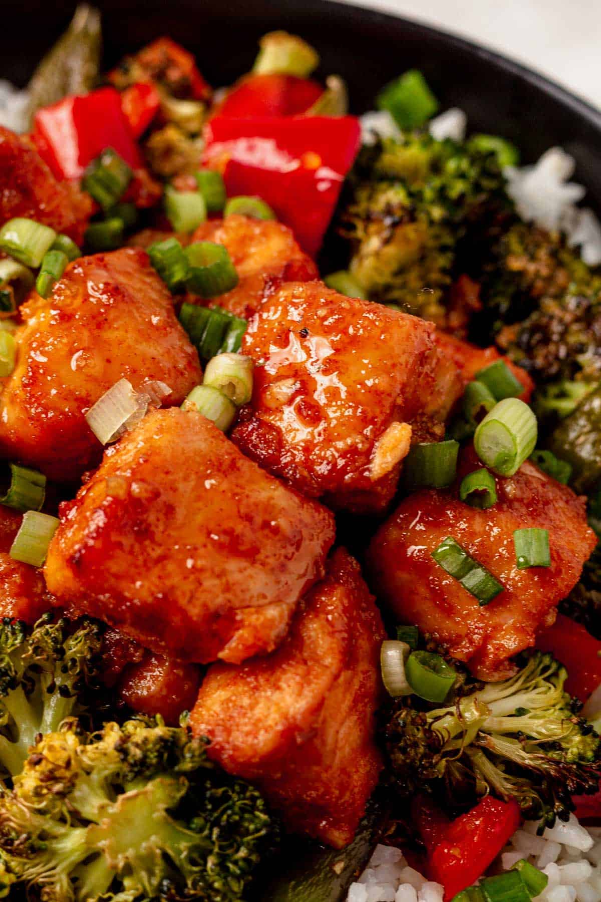 crispy air fryer salmon bites with veggies and rice