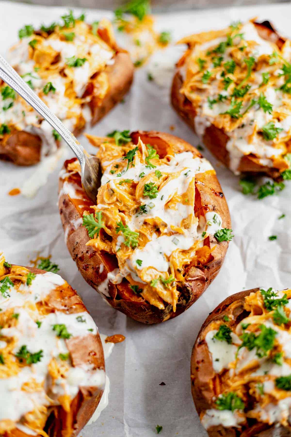  buffalo chicken stuffed sweet potatoes with ranch