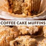 two images of coffee cake muffins on a plate and then cooling on parchment paper