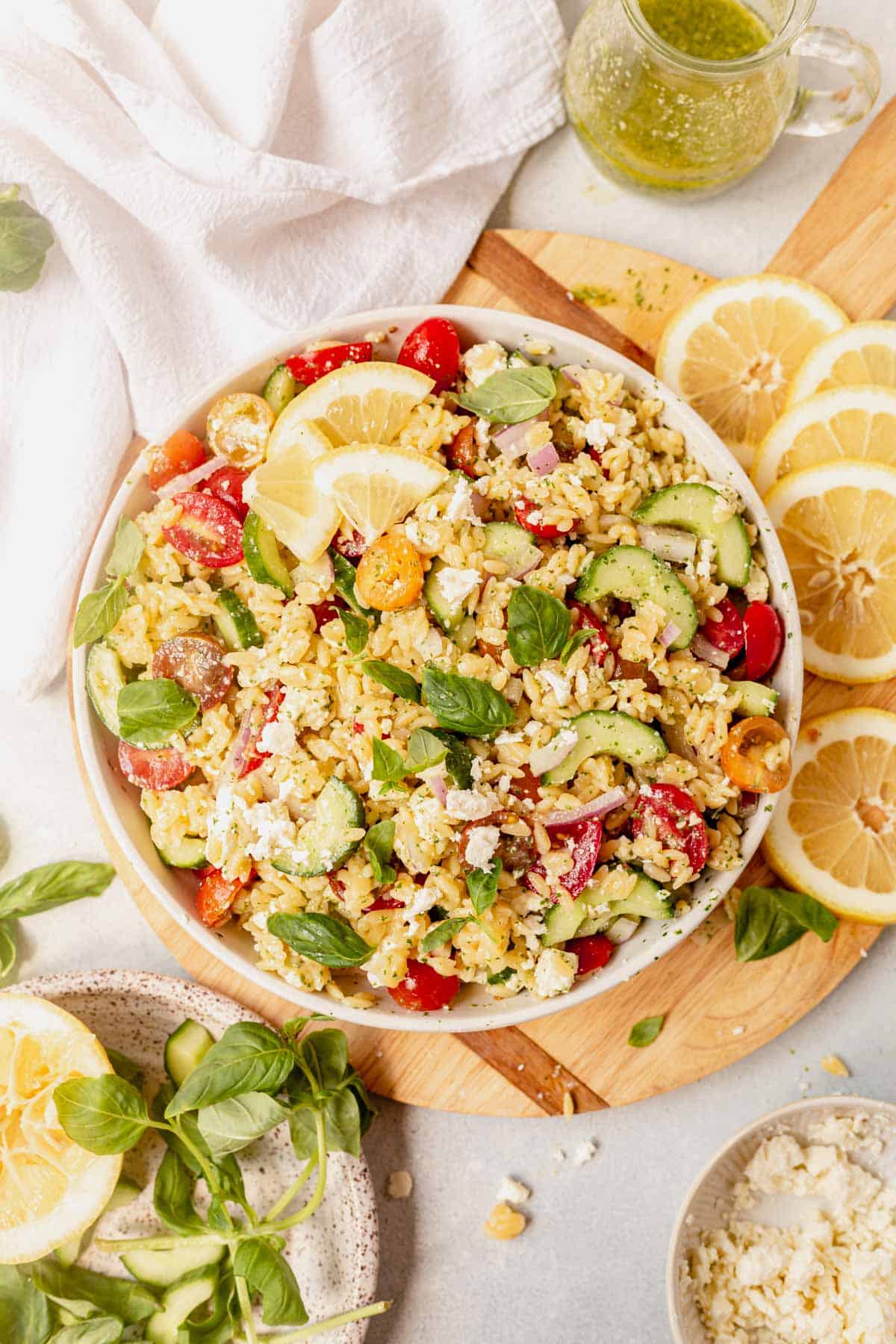 lemon orzo pasta salad in a serving dish