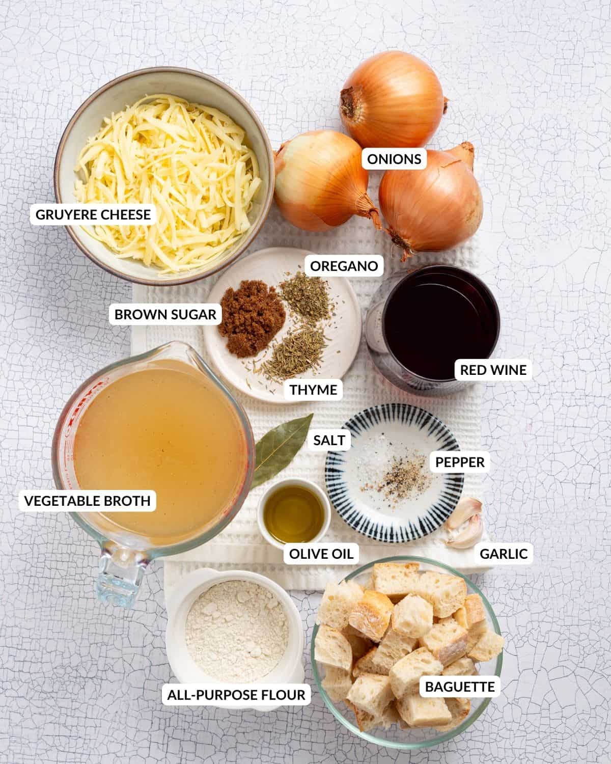 An overhead image of the ingredients of vegetarian French onion soup.