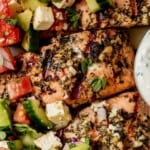 greek salmon dinner recipe with a greek marinade and salad