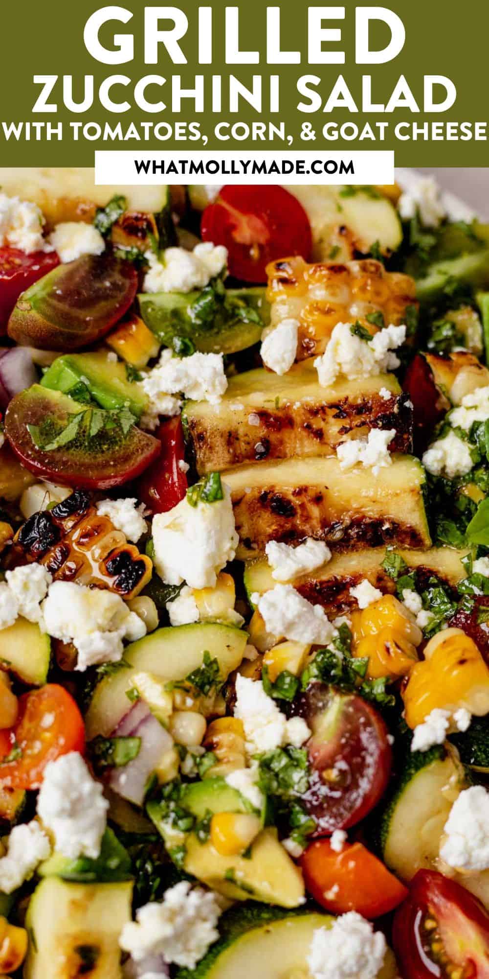 easy grilled zucchini salad with tomatoes, corn, goat cheese, and basil vinaigrette. An easy summer side dish or add grilled chicken for a weeknight dinner