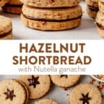 two images of hazelnut shortbread cookies stacked and then a tray of hazelnut shortbread cookies