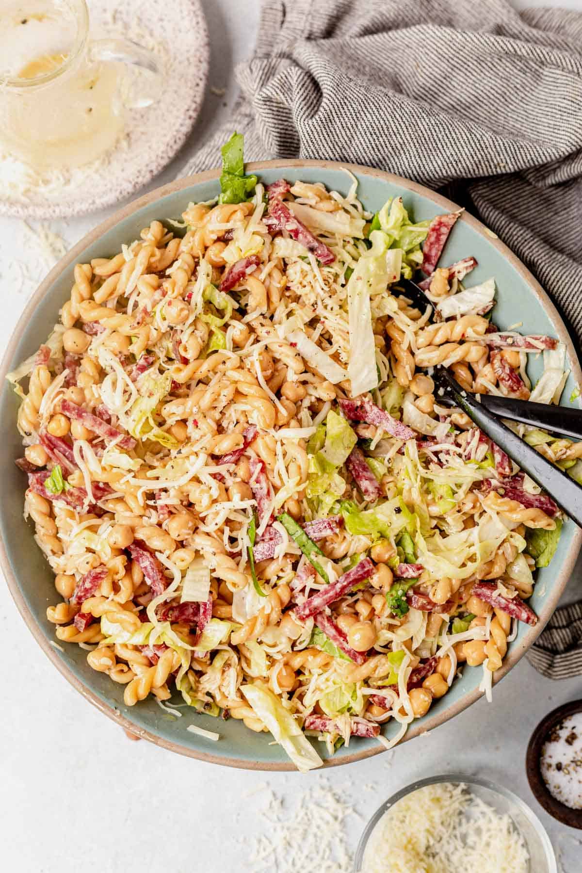 italian pasta salad with salami and mozzarella