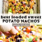 photo collage of sweet potato nachos on a sheet pan and then picking up a nachos from the pan