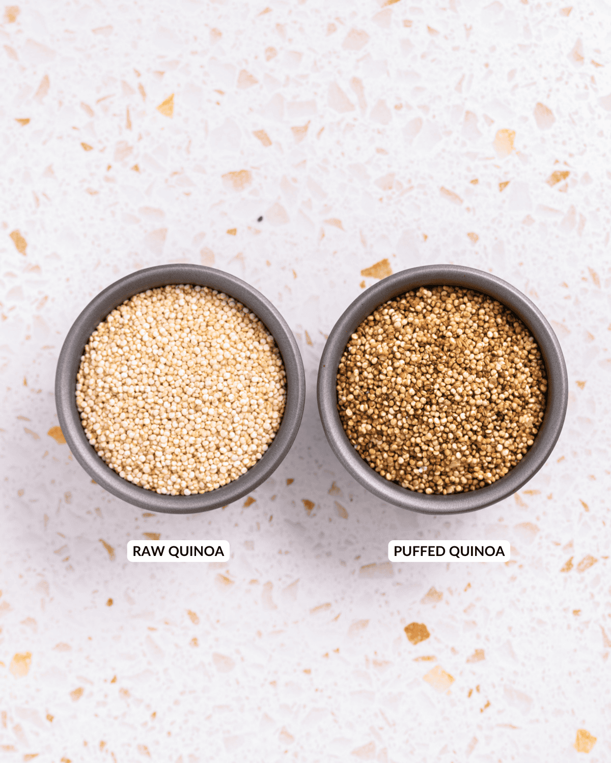 An overhead image of uncooked quinoa and puffed quinoa in separate containers.