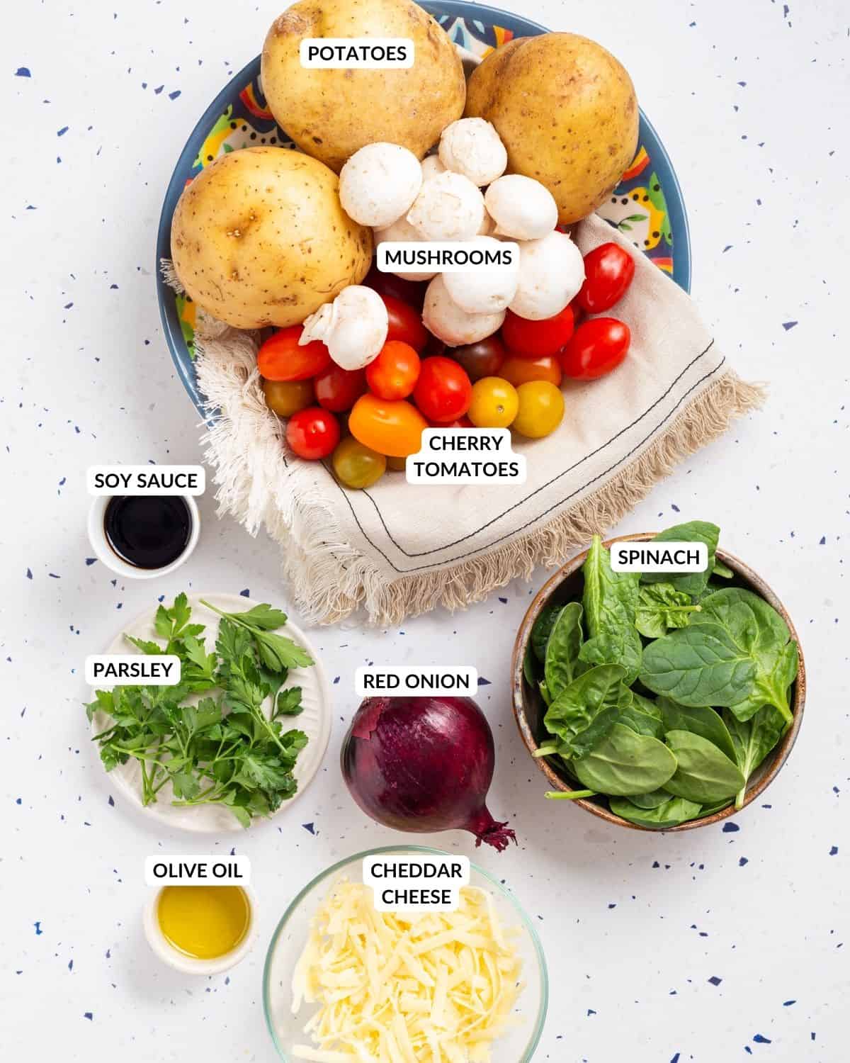 An image of the labeled ingredients for stuffed baked potatoes recipe.