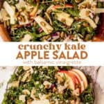 two images of kale apple salad in a salad bowl and then a serving of kale apple side on a plate