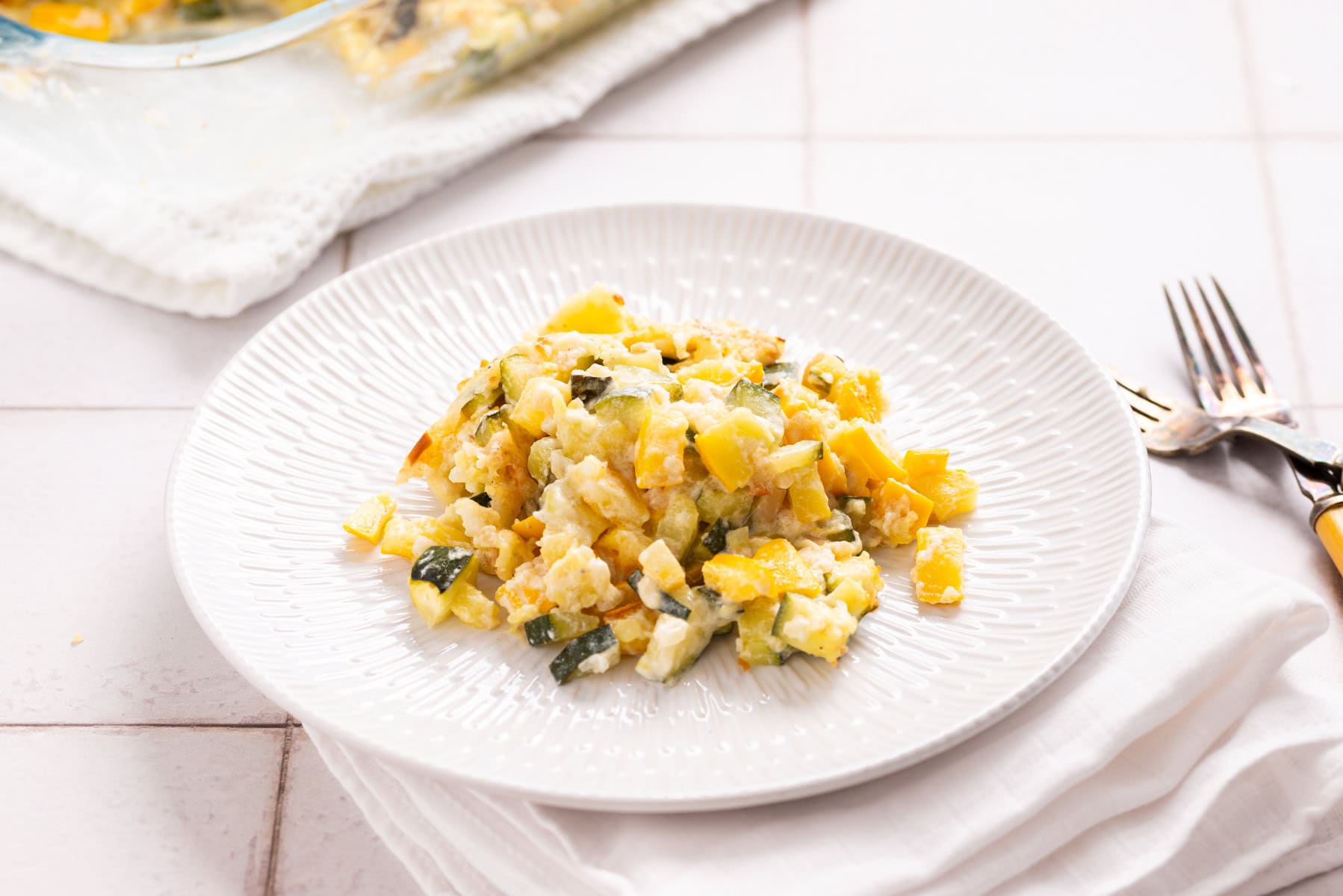 An image of a single portion of the casserole on a white plate.