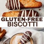 two images of gluten free biscotti dipped in chocolate on a countertop and then a gluten free biscotti cookie dipped in a latte