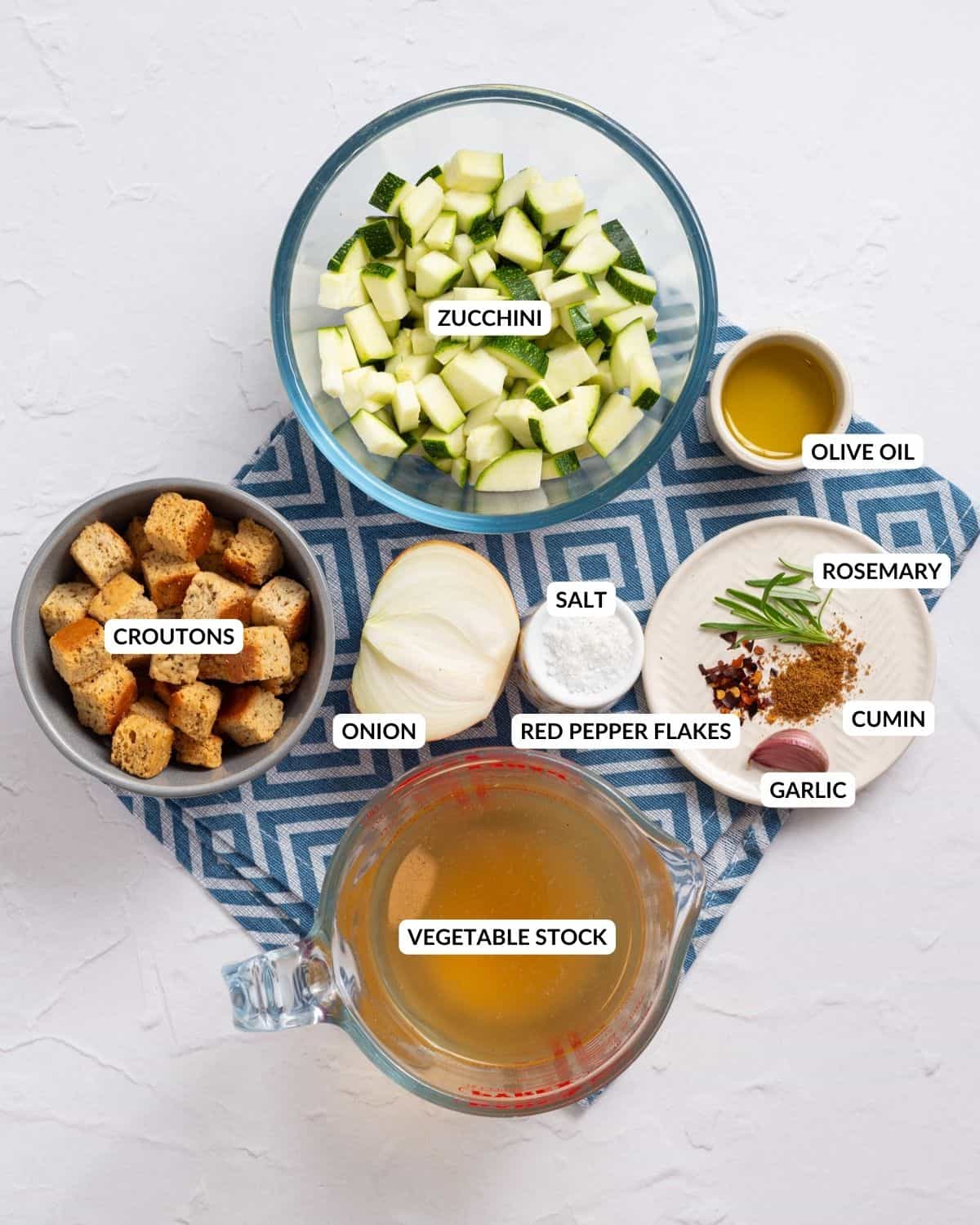 An overhead image of the ingredients of zucchini soup with labels.